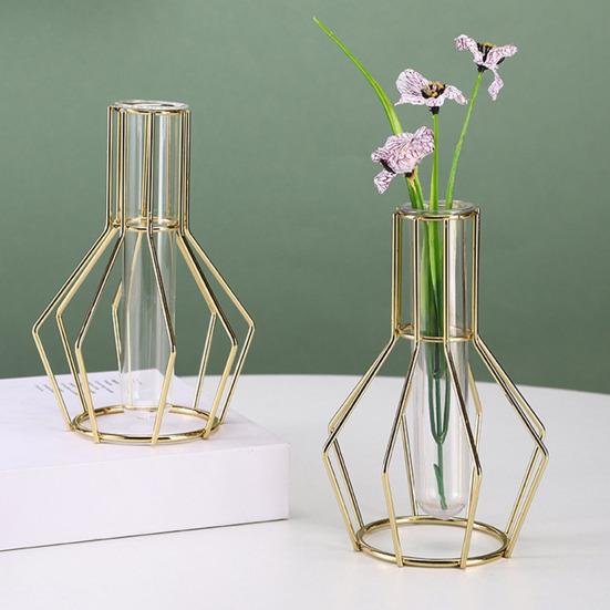 Nordische Einfache Klare Glasvase mit Eisenkunst-Rahmen für Hydrokultur-Pflanzer Transparenter Reagenzglas-Topf Dekorative Metall-Blumenvase für Tisch