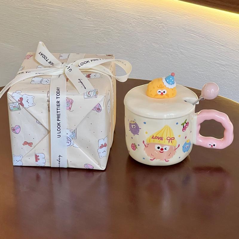 Cute Cartoon Coal Ball Ceramic Mug with Lid Couple Water Cup Girl Birthday Gift Girlfriend Souvenir Gift Box