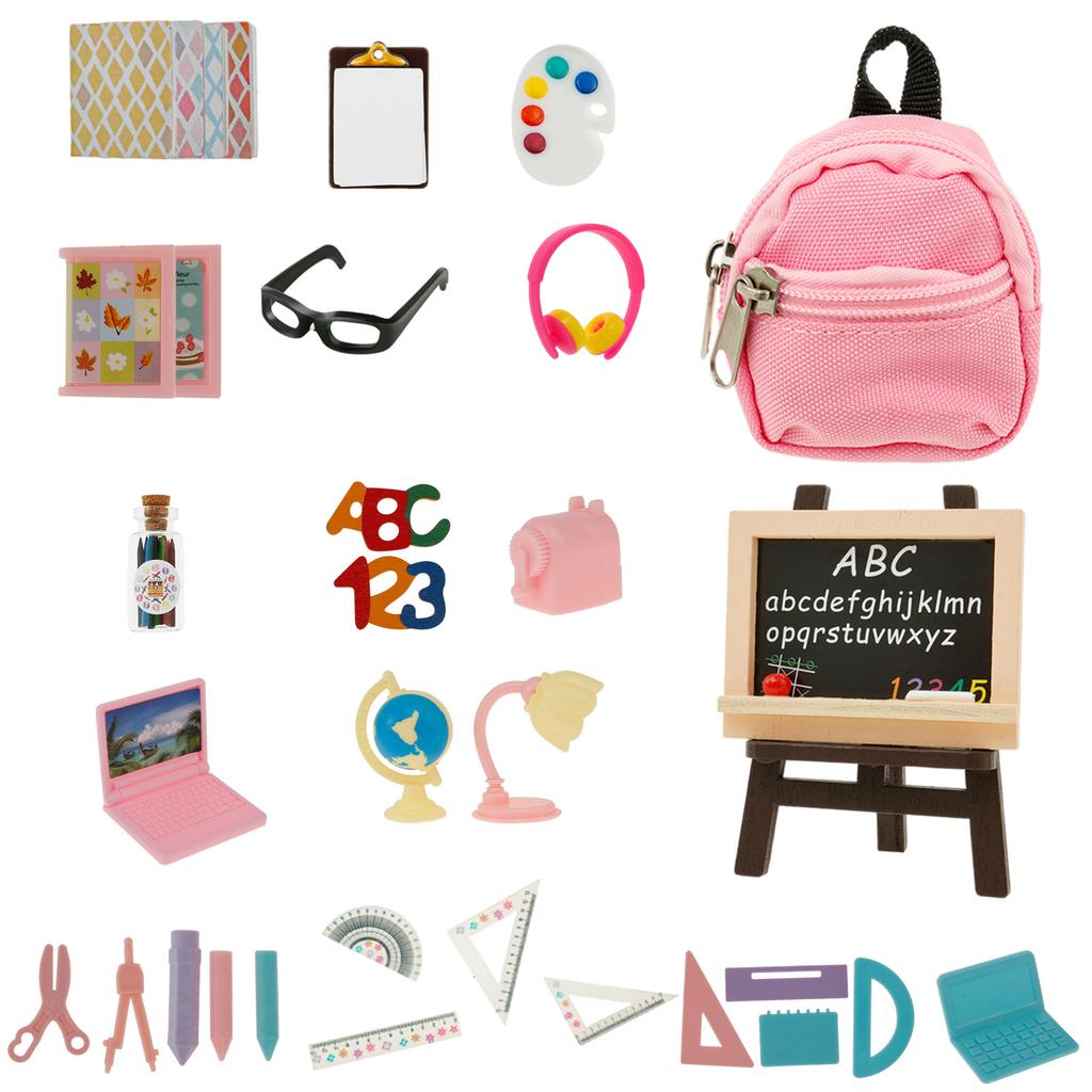 34Pcs Cute Doll School Supplies Dollhouse Mini Campus Stationery Set Doll Canvas Schoolbag Simulation Learning Supplies for Doll