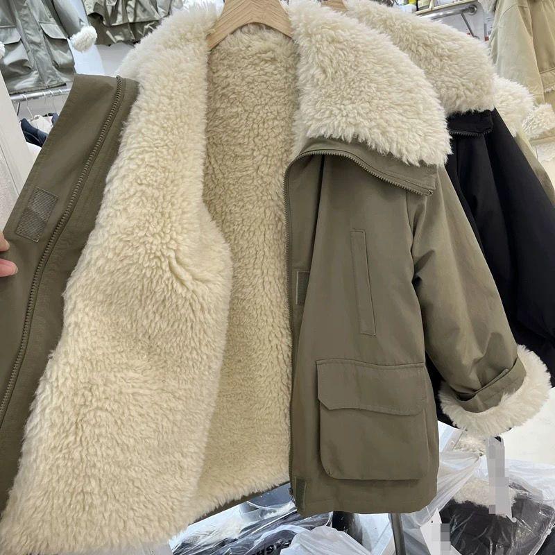 

Повседневное пальто с большим лацканом, женское зимнее новое, в стиле рабочей одежды, пирожок, преодолевающий, женский высококлассный топ Xl 130-145 армия зеленый