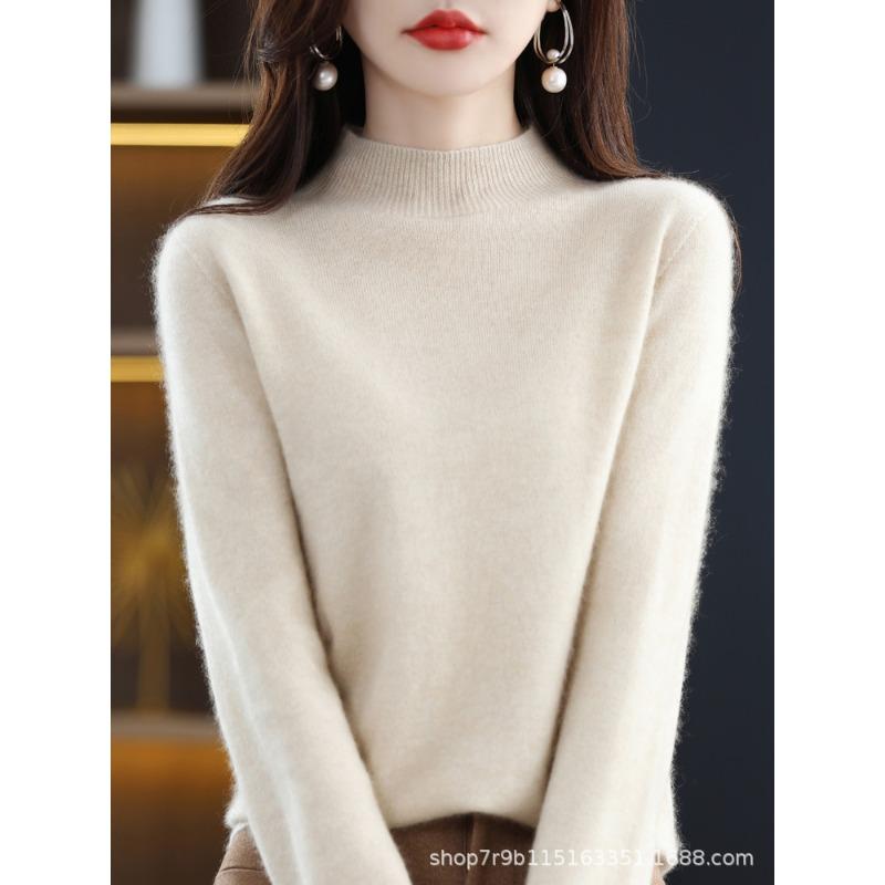 Autumn and winter new pure wool sweater women's semi-turtleneck first-line ready-to-wear wool sweater knitted sweater loose and thin bottoming shirt