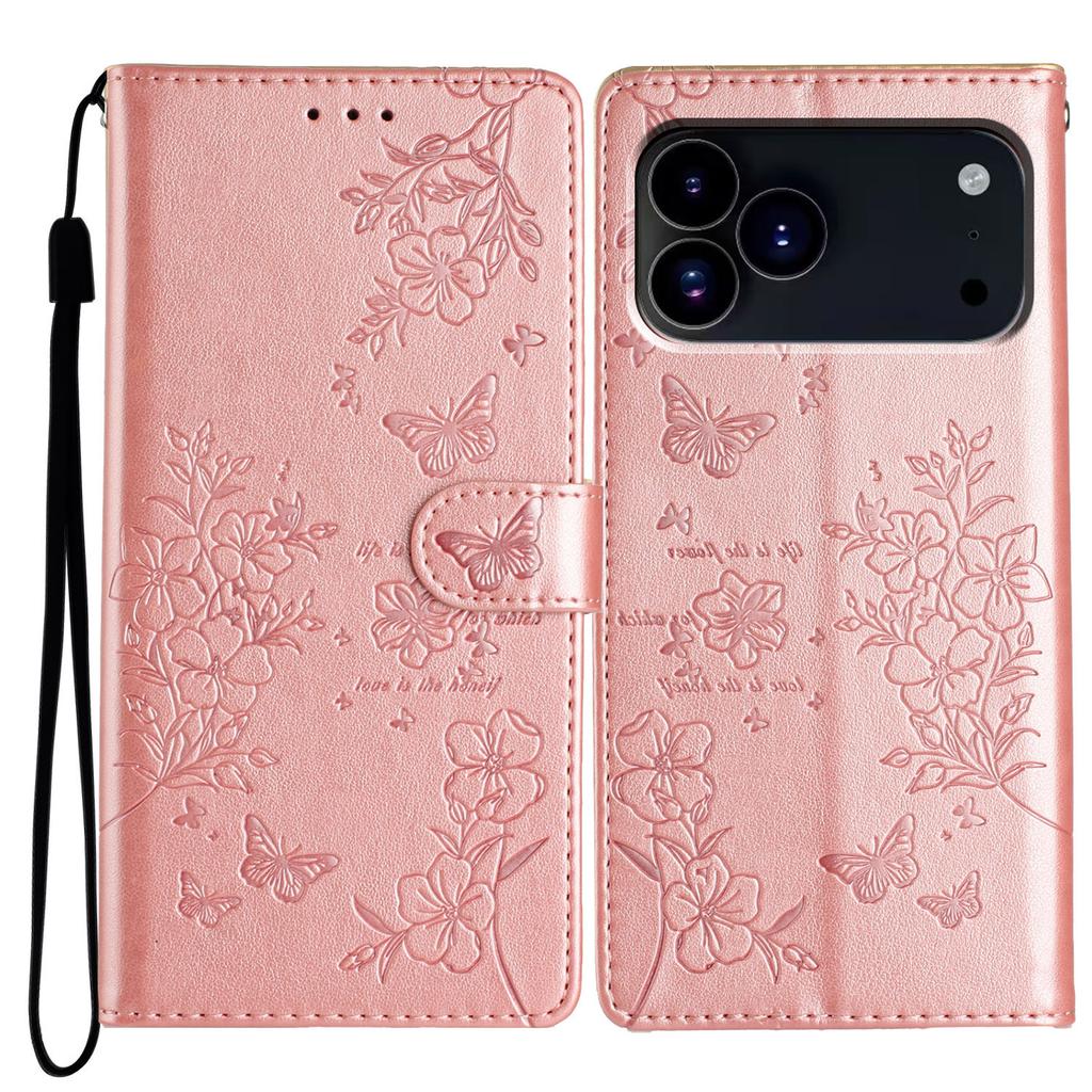 For iPhone 17 Pro Max Wallet Phone Case Butterfly Floral Imprint Leather Flip Cover with Strap