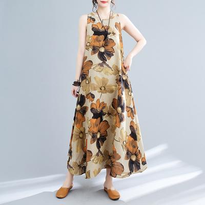 Boho Plus Size Cotton Linen Dress for Women Summer Sleeveless Printed Loose Long Dress Casual Round Neck Maxi Tank Dress