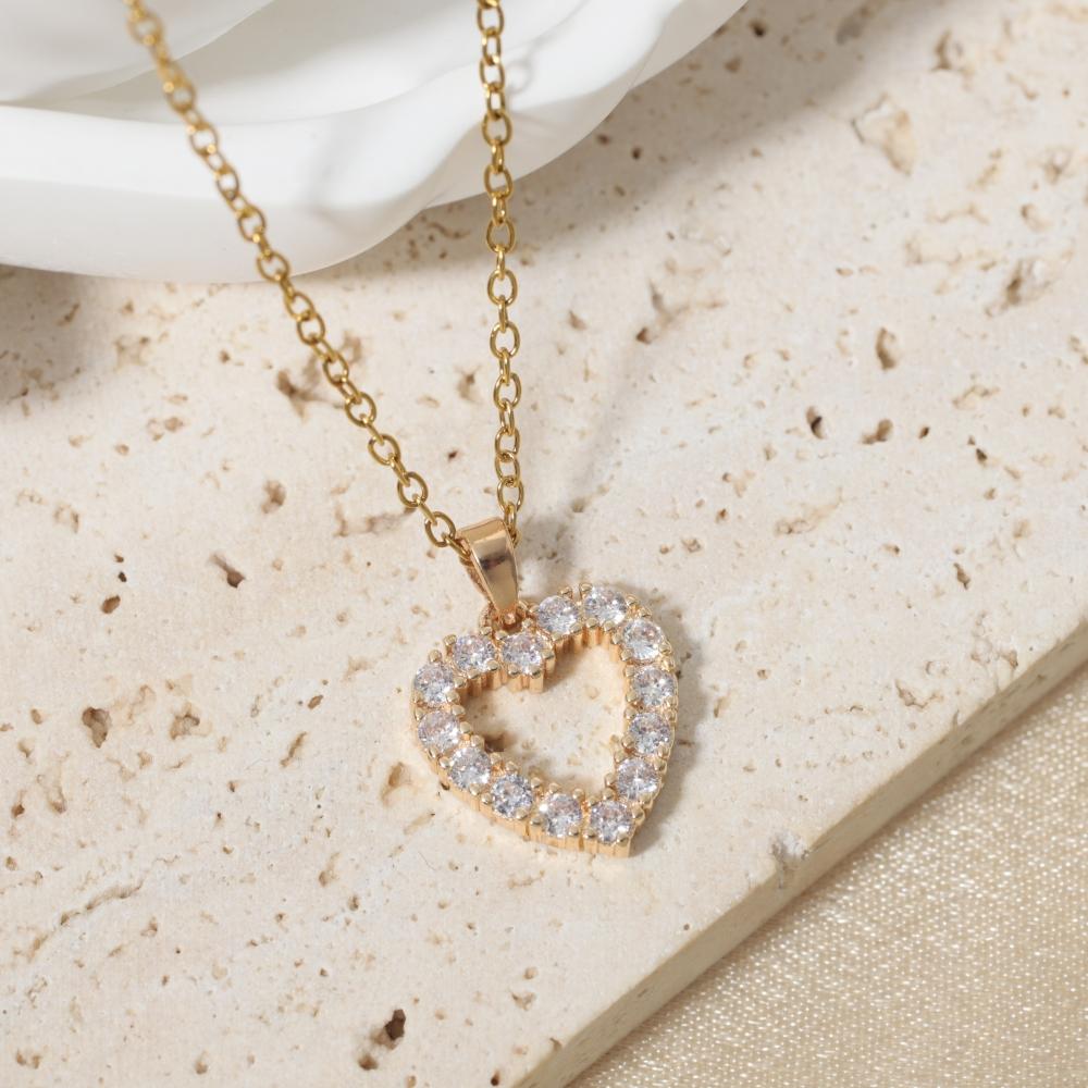 Sparkling Heart Zirconia Necklace, Golden Plated Chain, Bridal Jewelry for Wedding & Party