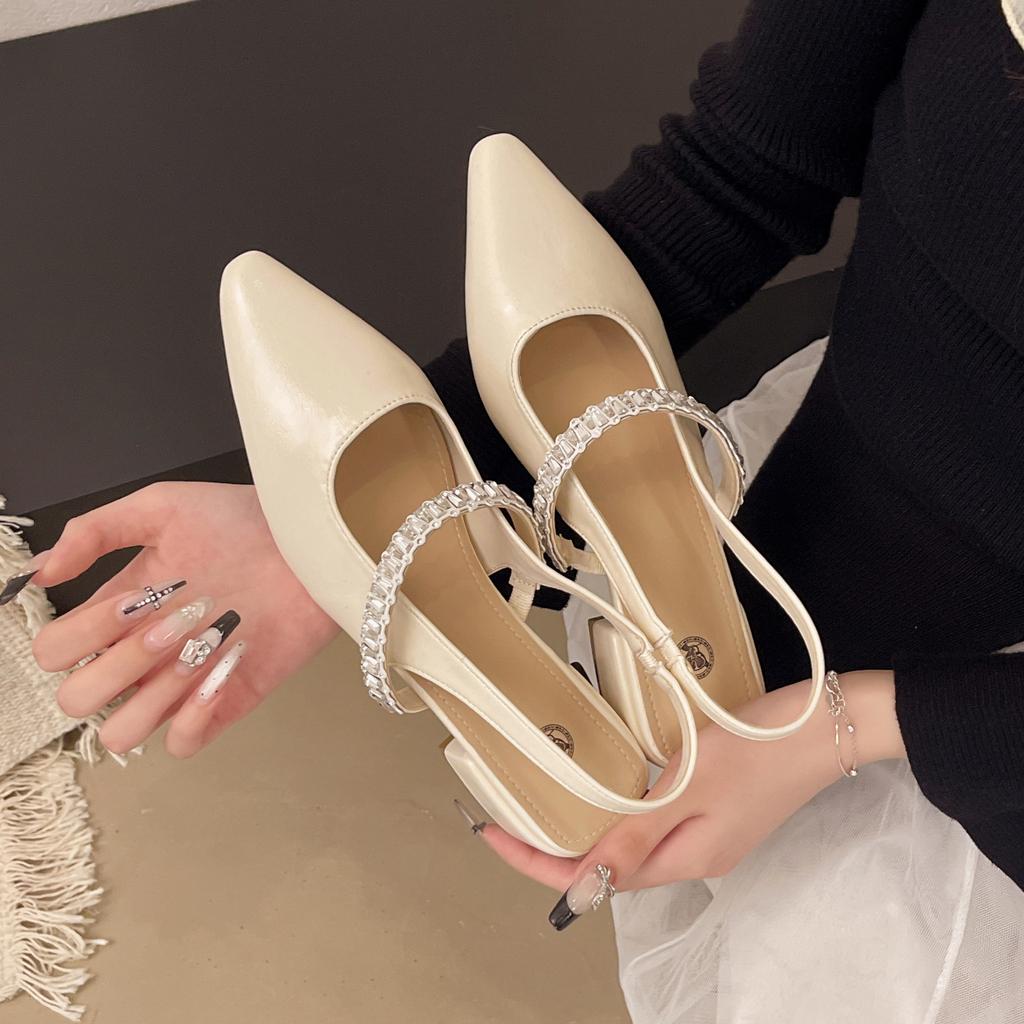 One word with rhinestone sandals women's summer new bag head half drag thick heel shoes pointed single shoes women's outer wear