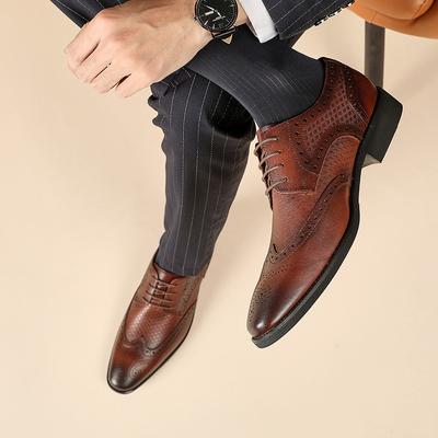 First Layer Cowhide Handmade Men's Shoes New Brogue Business Formal Wear Leather Shoes Men's Pointed Youth Derby Shoes Tide