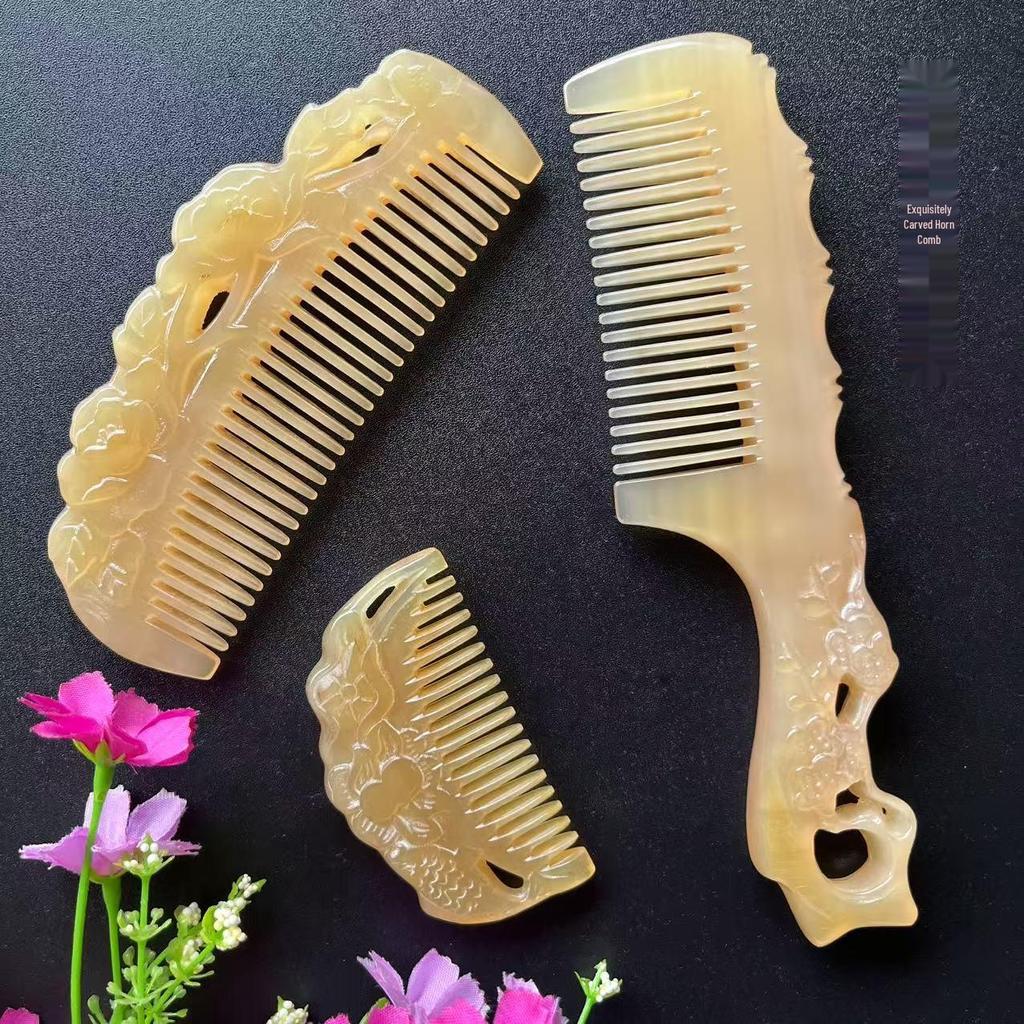Carved Cow Horn Anti-Static Comb with Handle & Meridian Bag