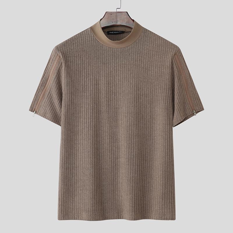 

INCERUN Men Mockneck Short Sleeve Solid Color Texture Casual T-shirts Undershirts 4XL коричневий