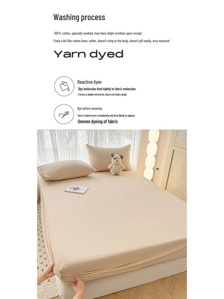 Pure Cotton Yarn-Dyed Washed Fitted Sheet: Non-Slip, Dustproof, Skin-Friendly Mattress Protector 3-Piece Set.