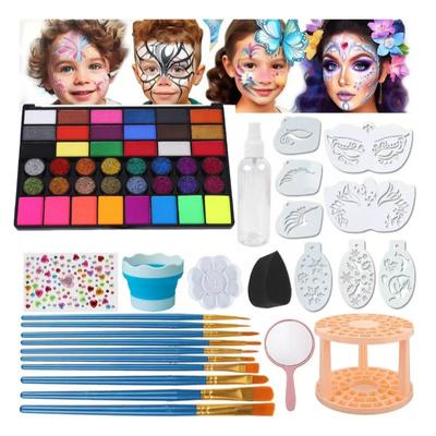 Kit de Pintura Corporal y Facial Profesional de 54 Colores Paleta de Maquillaje a Base de Agua No Tóxica con Pinceles y Plantillas para Niños Adultos Fiesta Halloween Cosplay