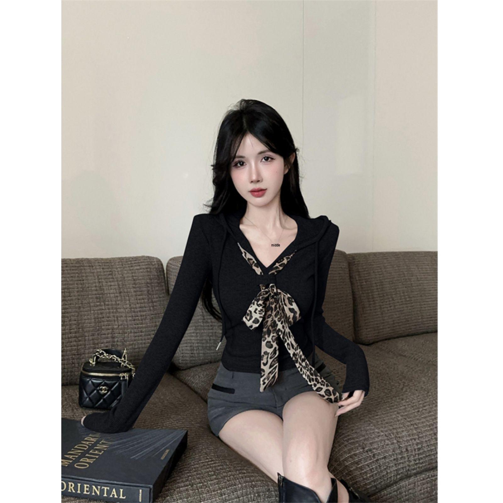 

V-neck Leopard Print Tie Patchwork Long-sleeve Top for Women - Autumn Hooded Collarbone Style XL чёрный