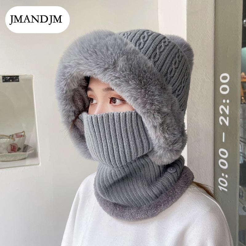 Winter Twist Pattern Knitted Hat, Velvet Warm Scarf, Integrated Pullover Hat, Cold-proof Wool Hat, Women