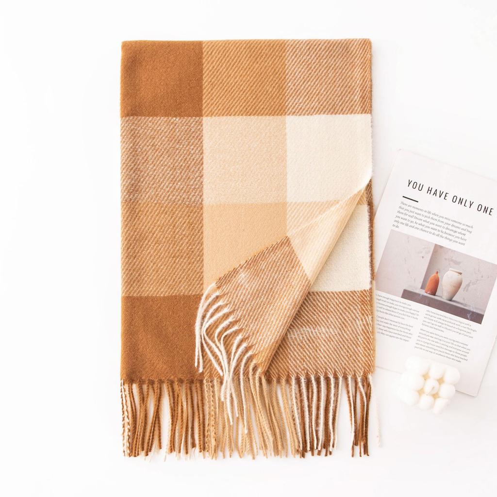 Winter New Plaid Scarf Printed Tassel Imitation Cashmere Scarf Fashionable Sweet Shawl Mid Length Thick Warm Scarf