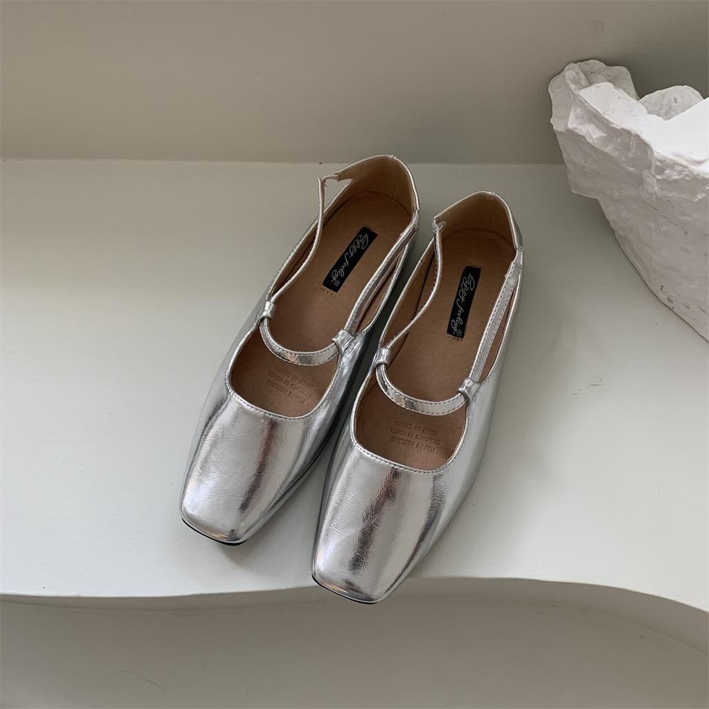 Fashion Flats Shoes for Women Luxury Silver Ballet Shoes Women's New 2025 Autumn French Mary Jane High Heel Single Shoe Ladies