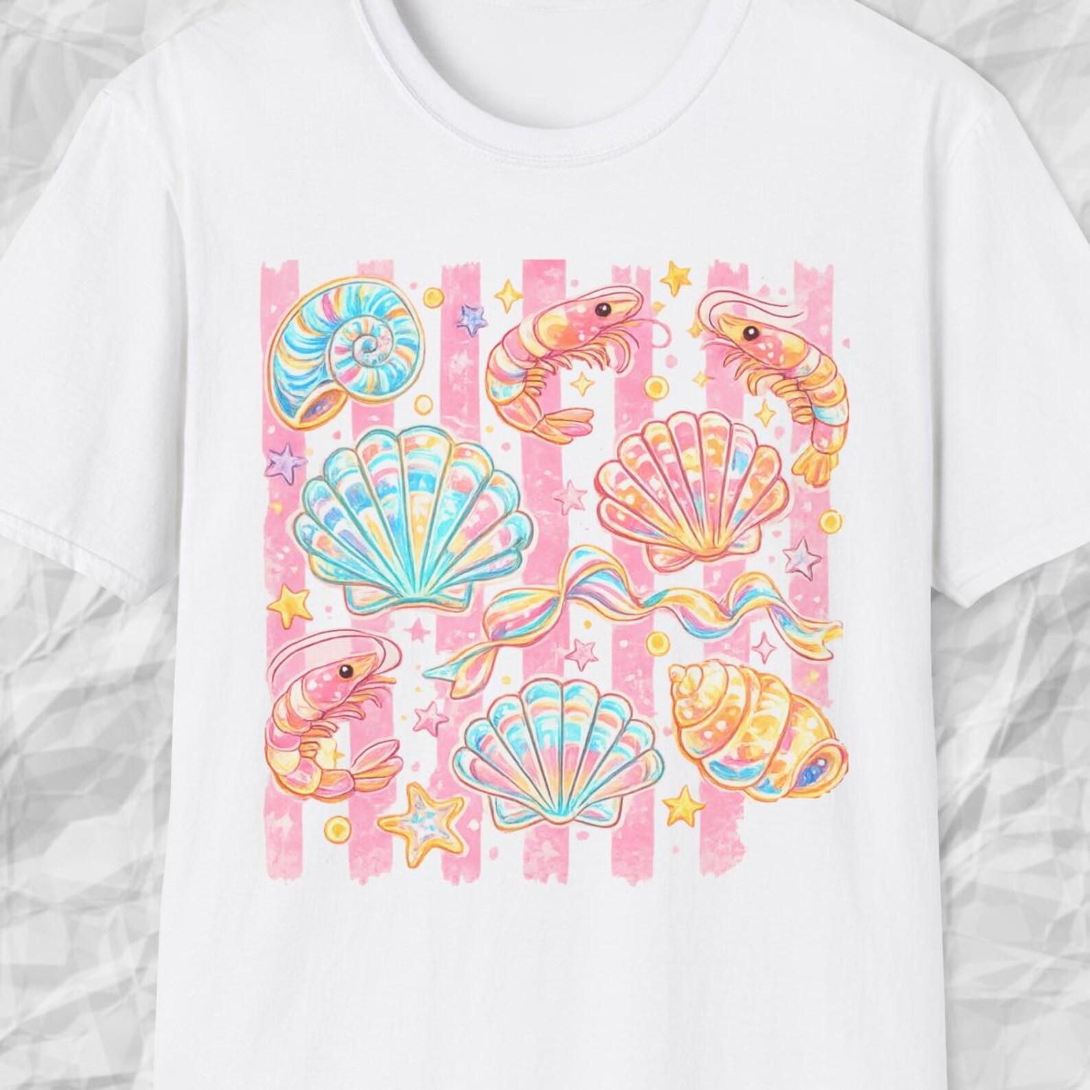 Pastel Seashell Shirt, Cute Shrimp Tee, Coastal Shell Tee, Cute Ocean Shirt, Pink Beach Summer Tee, Seashell Lover Shirt 3XL