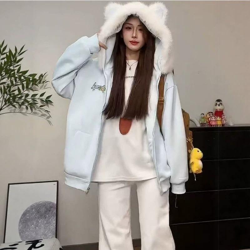 Fur Collar Cat Ears Hooded Zipper Cardigan Sweater Women's Autumn and Winter Great-looking Plush Thickened Loose Top Jacket