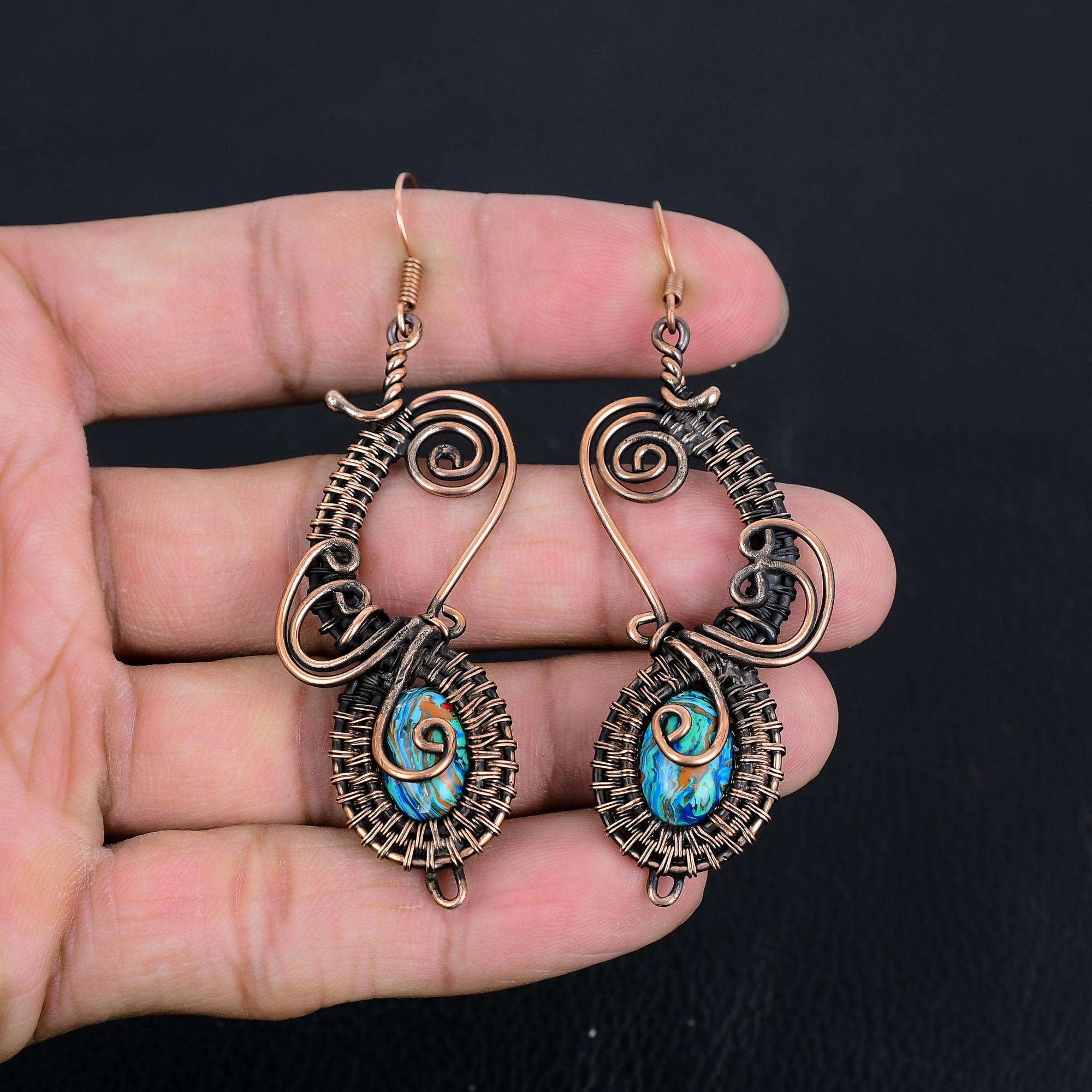 

Rainbow Calsilica Earrings, 999 Copper Wire Wrapped Earrings, Handmade Gemstone Jewelry Earrings For Memorial Day 3.07 Inches