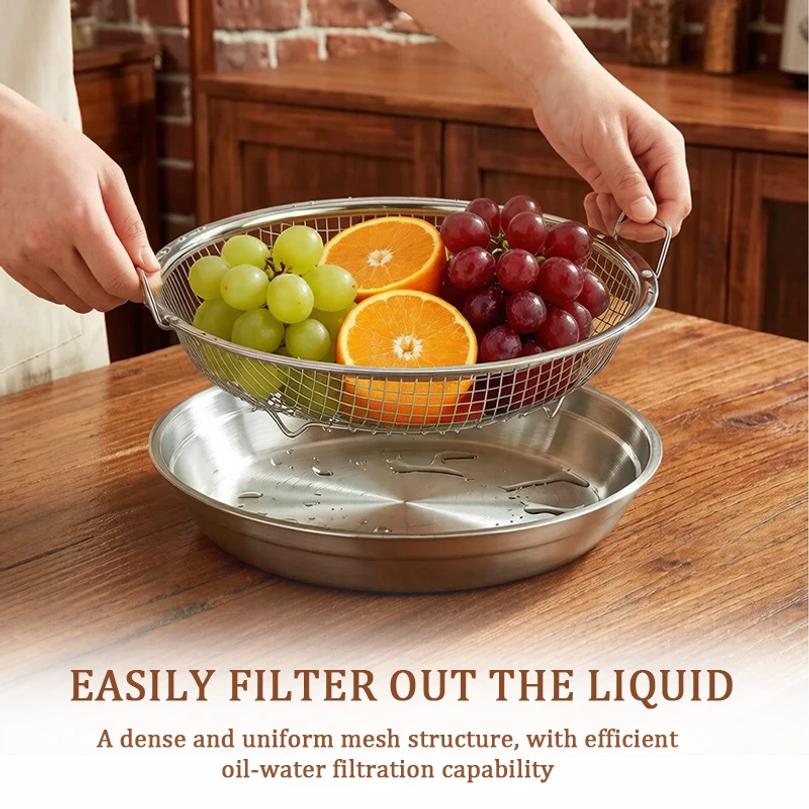 Polished Stainless Steel Oil Filter Tray, Reusable Round Mesh Basket for Frying/Grilling,All-Season Kitchen Strainer with Handle