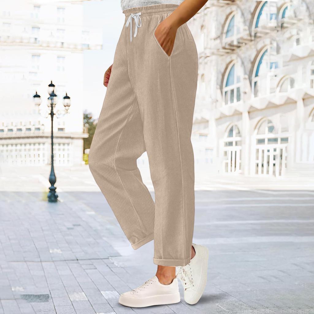Damen Lässige Mode Farbe Elastischer Bund Kordelzug Taschen Weites Bein Gerade Hose