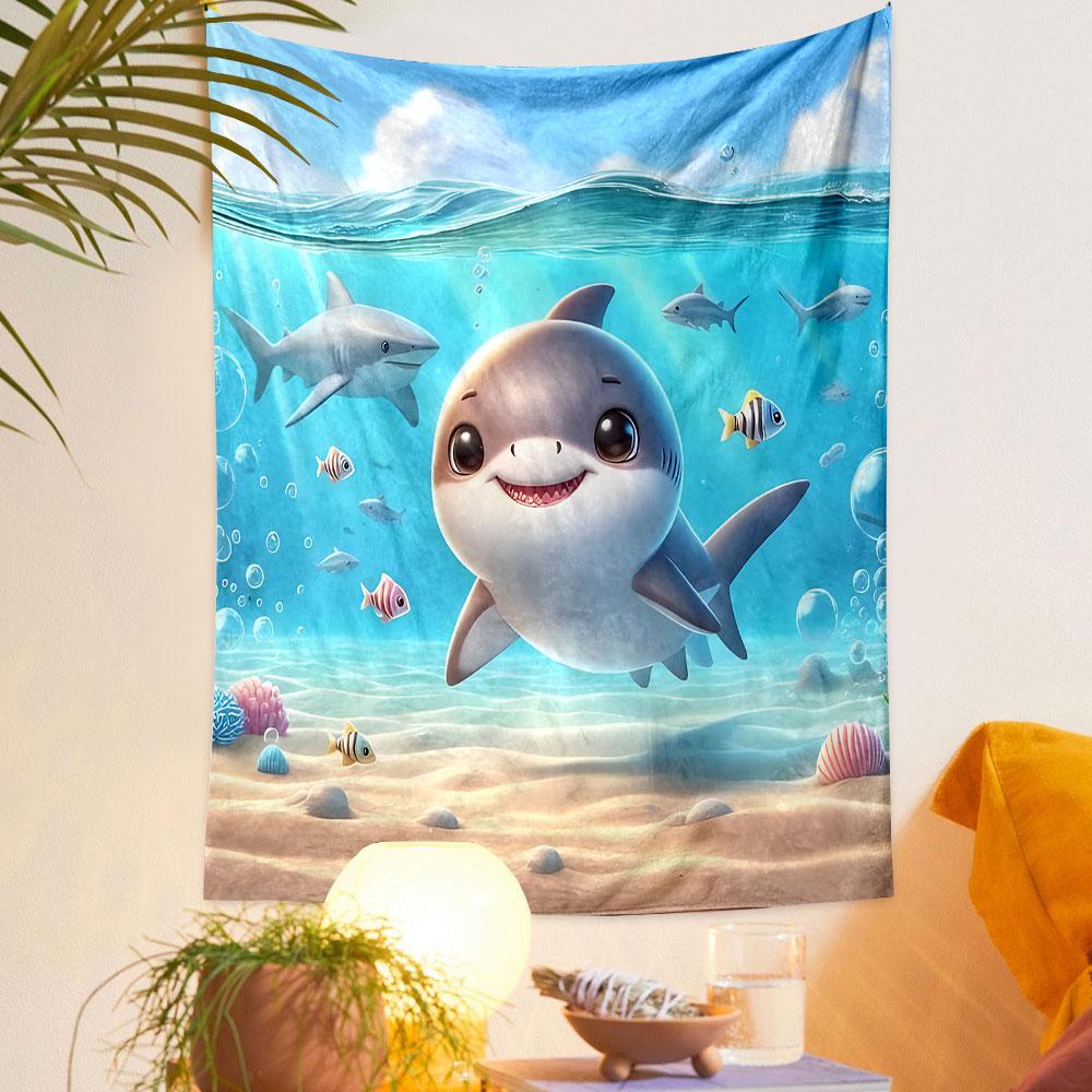 Cute Shark Underwater Adventure Patterned Tapestry Decorative Wall Hanging, Home Bedroom Living Room Decor