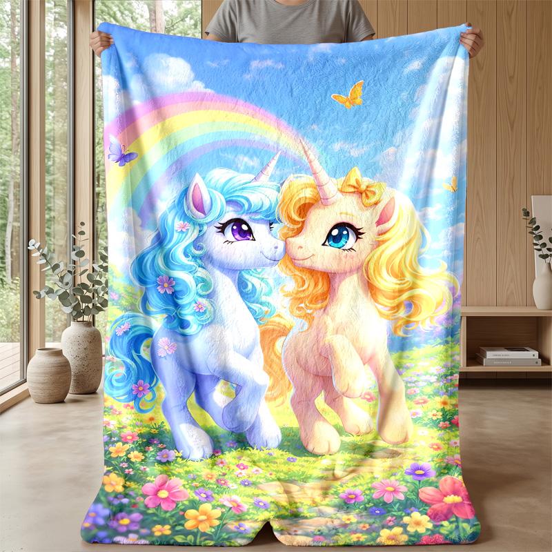 Unicorns Around Rainbow Sphere Theme Blanket Lightweight Warm Flannel Blanket Decorative Throw Blanket for Home Decoration