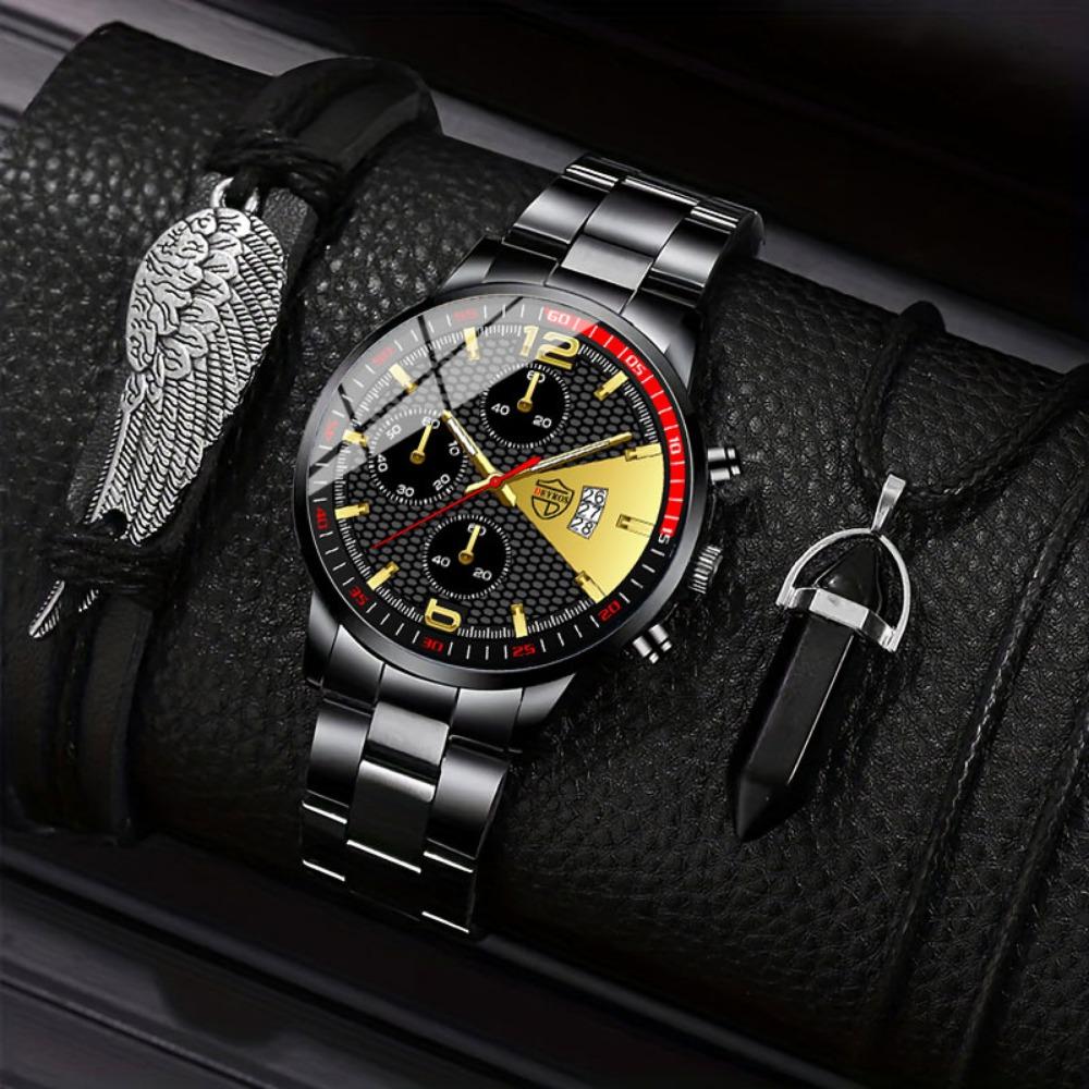 

3 шт./комплект, набор мужских модных часов: Часы Business Quartz, браслет Wing, ожерелье с шестиугольной подвеской - подарочный набор