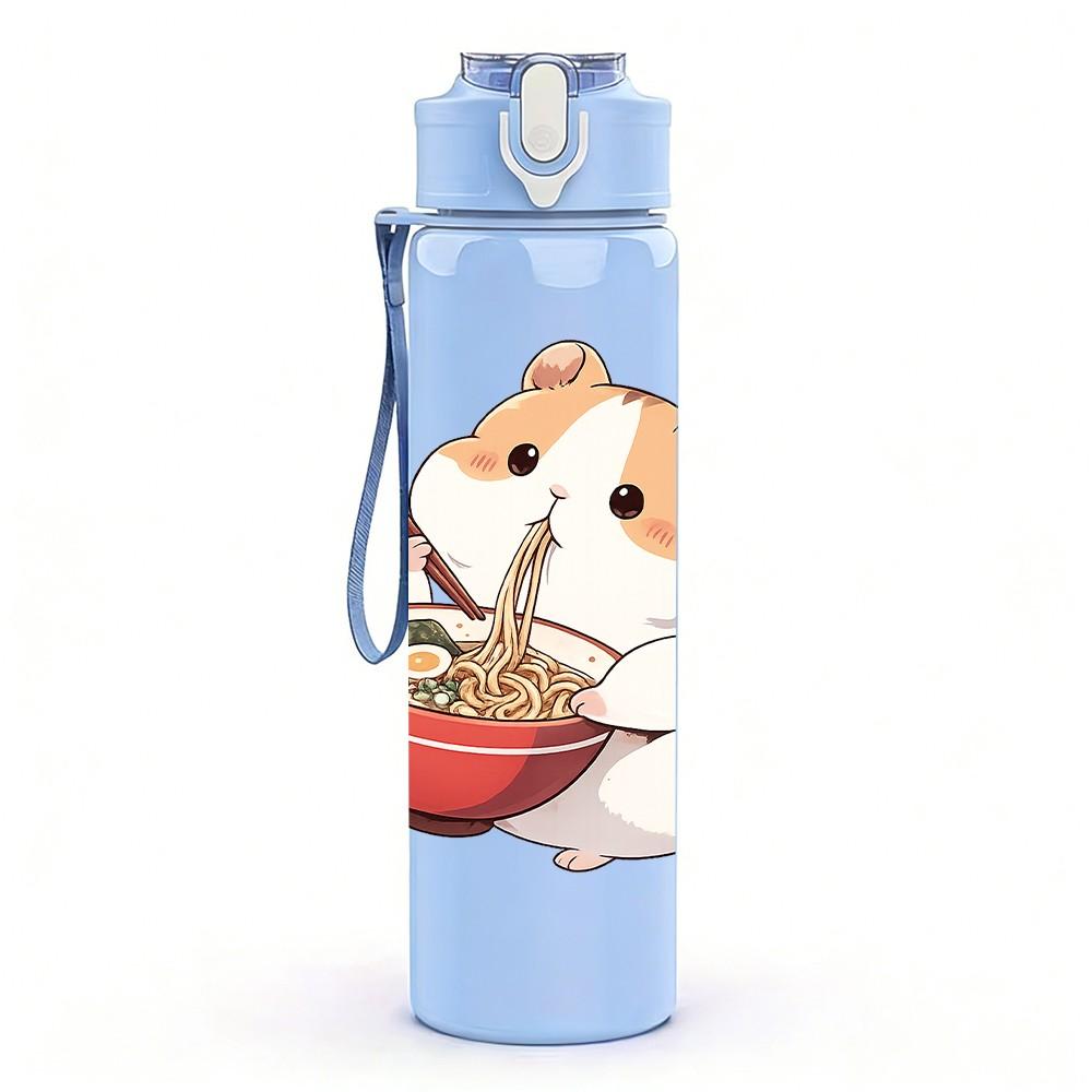 1PC Hamster Eating Noodle Cute Cartoon Print 750ml Color Plastic Sports Water Bottle Leakproof Flip Straw Lid Suitable for Sports Office Home Use