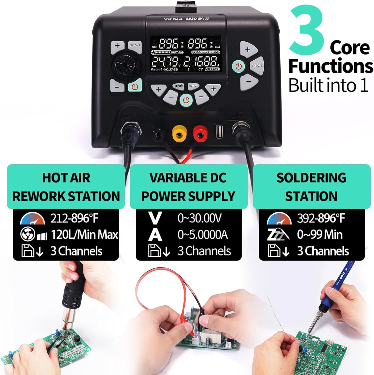 

853D 5A-II 3 in 1 Hot Air Rework Soldering Iron Station and DC Power Supply 30V 5A -°F /°C Multiple Functions United States