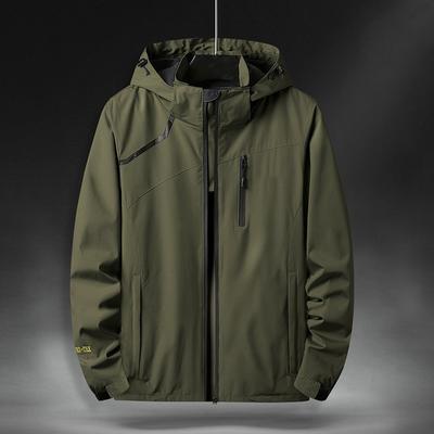 Men's Spring and Autumn Solid Color Plus Size Single Layer Punching Jacket Long Sleeve Hooded Outdoor Mountaineering Jacket