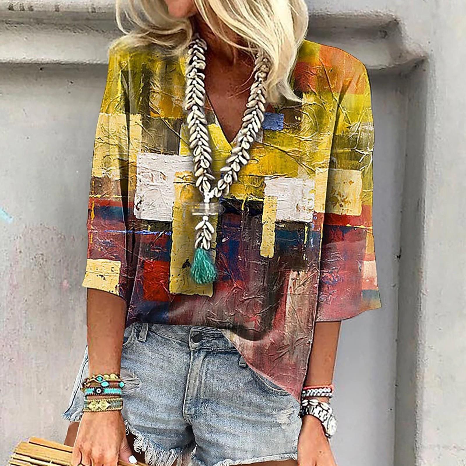 

Женская рубашка, блузка, повседневные свободные рубашки, рукава 3/4, топы с v-образным вырезом и принтом, топы с принтом, футболки, футболки L жёлтый