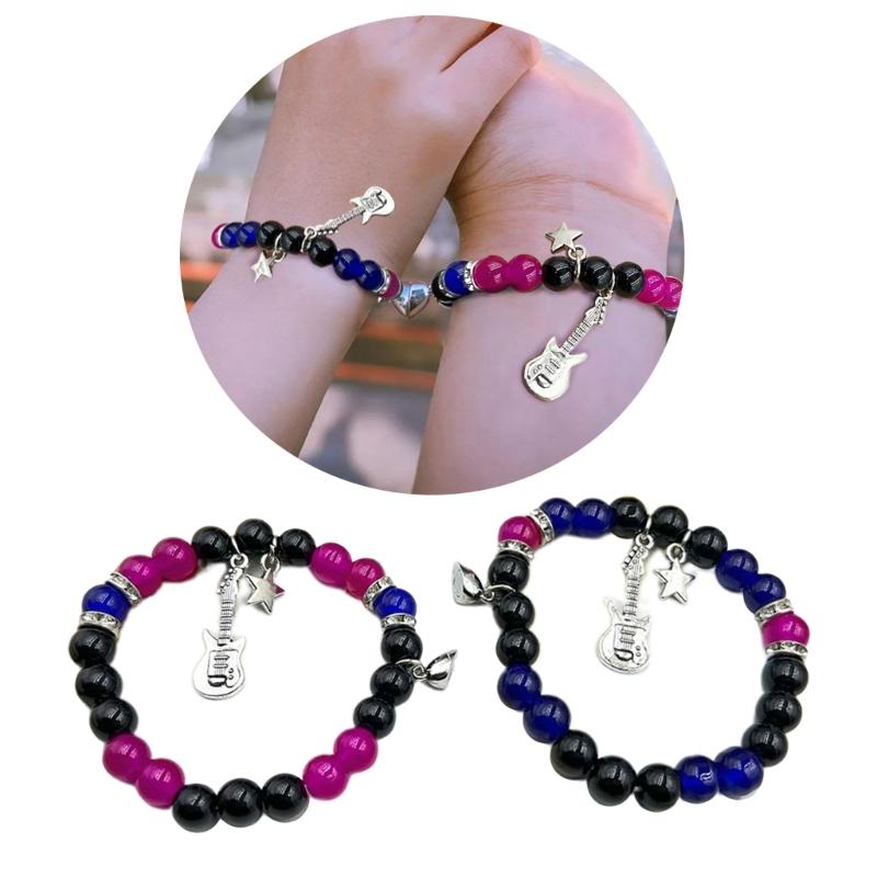 2pcs Guitar Star Pendant Bracelet Magnetic Heart Couple Hip Hop Elastic Beaded Bracelets for Men Women Jewelry Gift