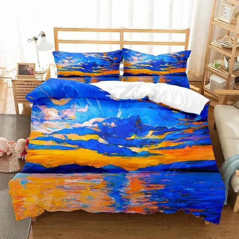 Oil Painting Landscape Duvet Cover King Queen Size Seaside Sunset Colorful Painted Style Art Print Polyester Comforter Cover