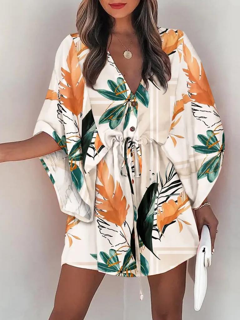 Summer Sleeve V-Neck Tie-Up Casual Vacation Dress Women's Clothing