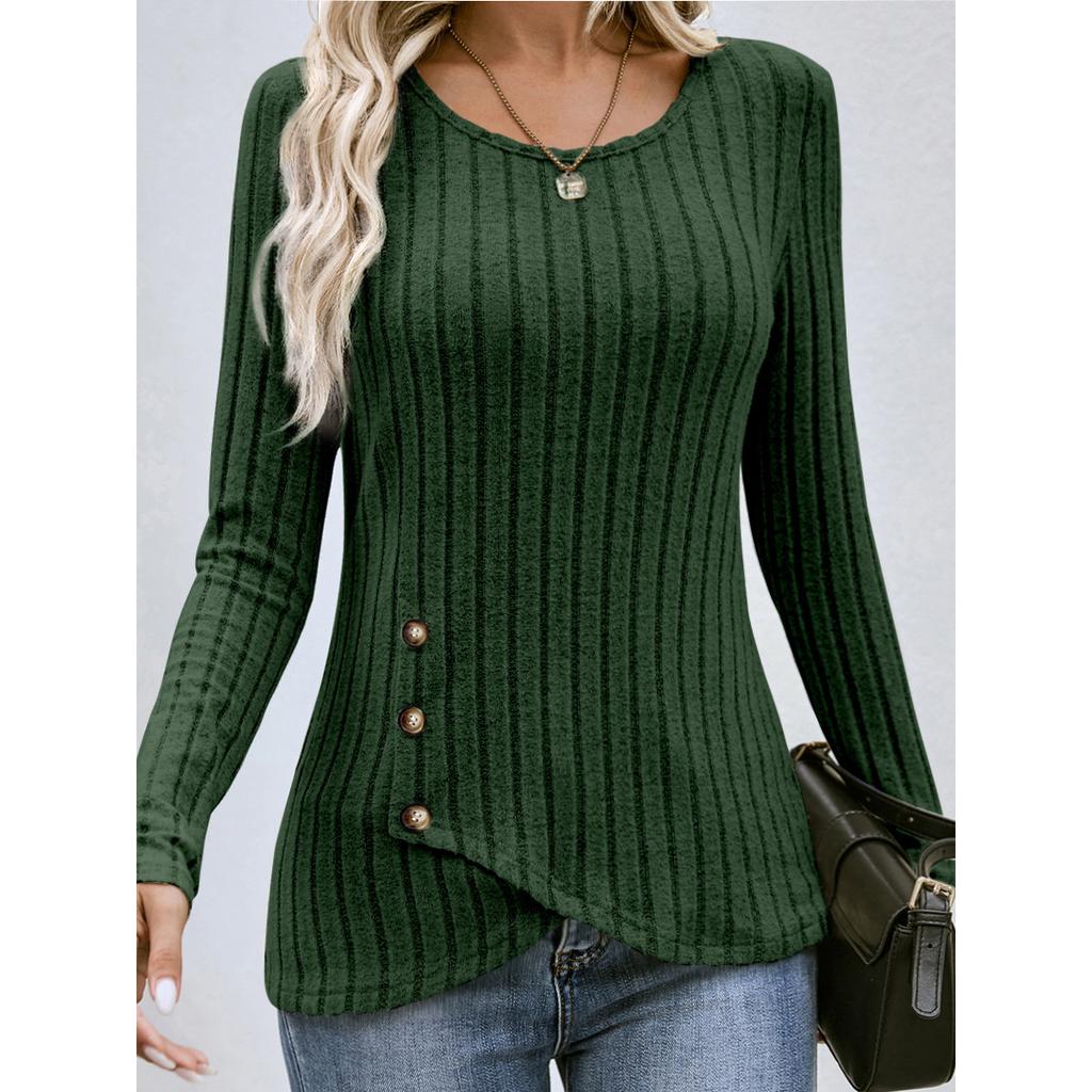 Women's Ribbed Knit Long Sleeve Top Asymmetrical Button Detail Crew Neck Slim Fit Casual Blouse