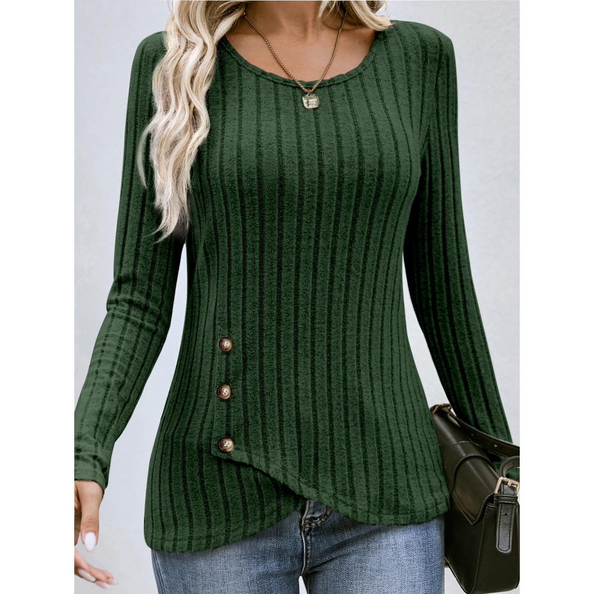

Autumn Winter Long-sleeved Round Neck Top Women s Fashion Casual Irregular Solid Color Street Style Buttons Pullover T-shirt S