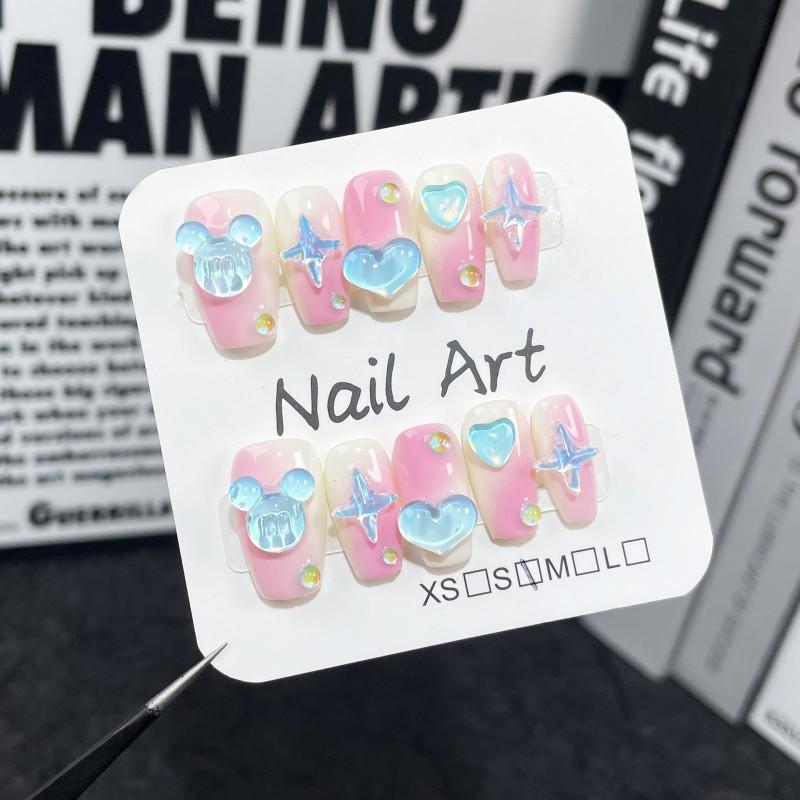 Handmade Press-On Nails Short Style Pink Gradient Heart Design Cute Wearable Nail Tips Women Extra Small