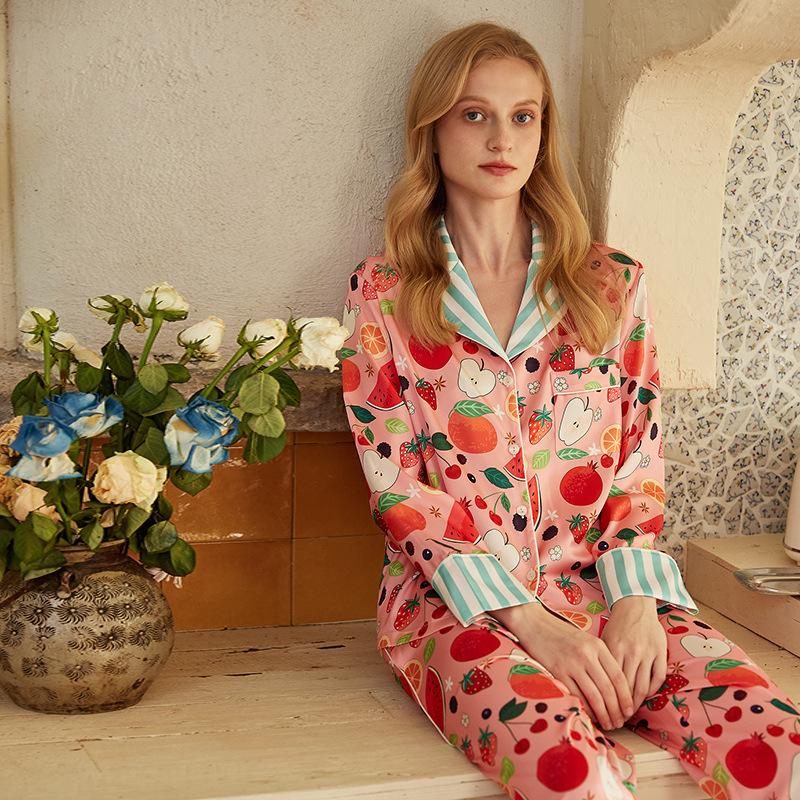[Fruit] Ice silk pajamas women's loungewear 1011 autumn new long-sleeved trousers comfortable and cool two-piece set