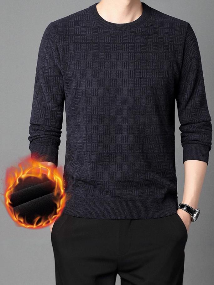 Men's Fleece-lined Jacquard Sweater - Winter Warmth, Round Neck Solid Color Knitwear.