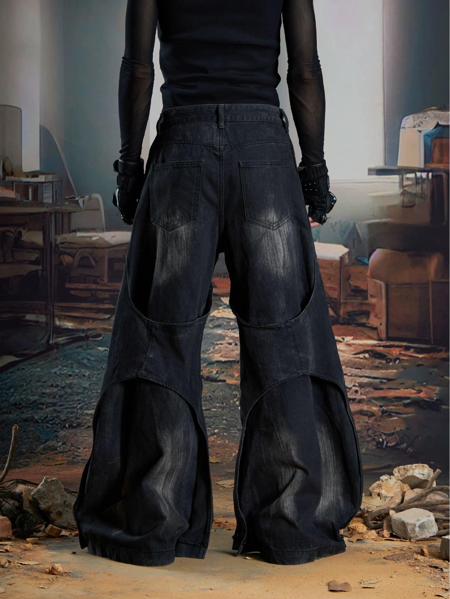 

Unisex Deconstructed Double-Layer Patchwork Wide-Leg Denim Pants with Raw Hem Tassels Small чёрный