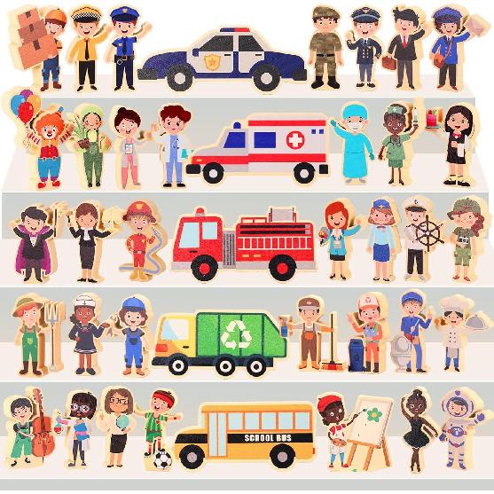 40 Pcs Wooden Community Helpers Little People Figures Occupations Wooden Blocks Professionals Kids Pretend Play Toys Multicultural Career Figurines