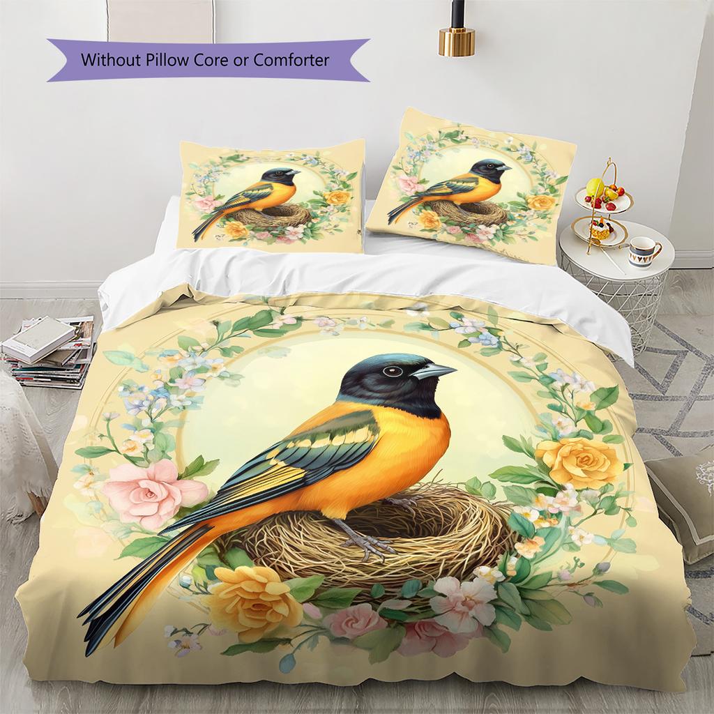 Bird's Nest with Flower Wreath  Pattern Bedding Quilt Set  Home Decoration  Gift (1 * duvet cover + 2 * pillowcase, without core)