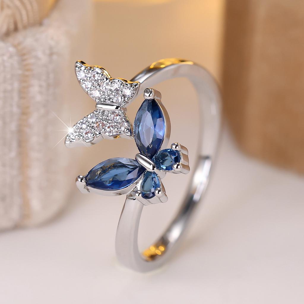 European and American New Butterfly Shaped Ring with Micro Inlaid Zircon and Adjustable Opening for Trendy Jewelry
