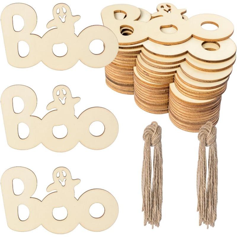 24pcs Halloween Wood Boo Wood With Hemp Rope Art Unfinished Decorations Halloween Christmas Wedding Thanksgiving Decor