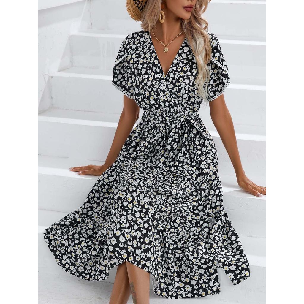 Summer Women's Floral Split V-neck Dress European American Style Casual Fashion Dress