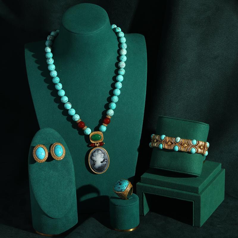 Vintage Blau Naturstein Böhmischer Stil Cameo Schönheitskopf Türkis Schmucksets Für Frau Halskette Und Ohrring Perlen Antik