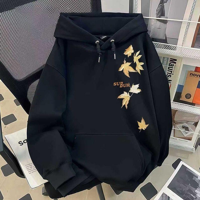 Vintage Maple Leaf Print Hooded Sweater for Men and Women, Autumn and Winter Loose and Versatile Velvet Thickened Coat Top Tide