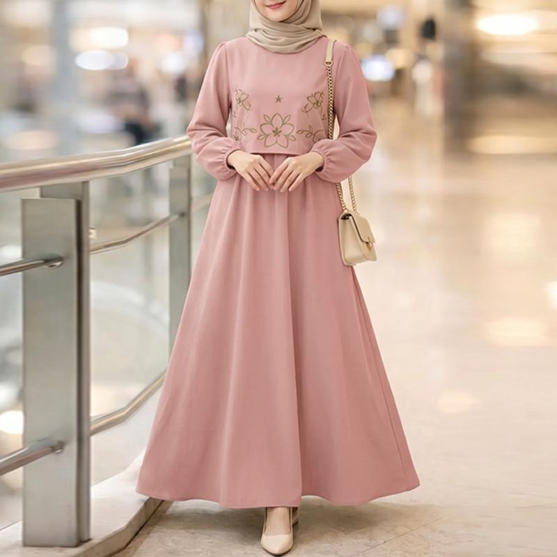 ZANZEA Women Casual Round Neck Long Sleeve Floral Embroidery Loose Long Dress