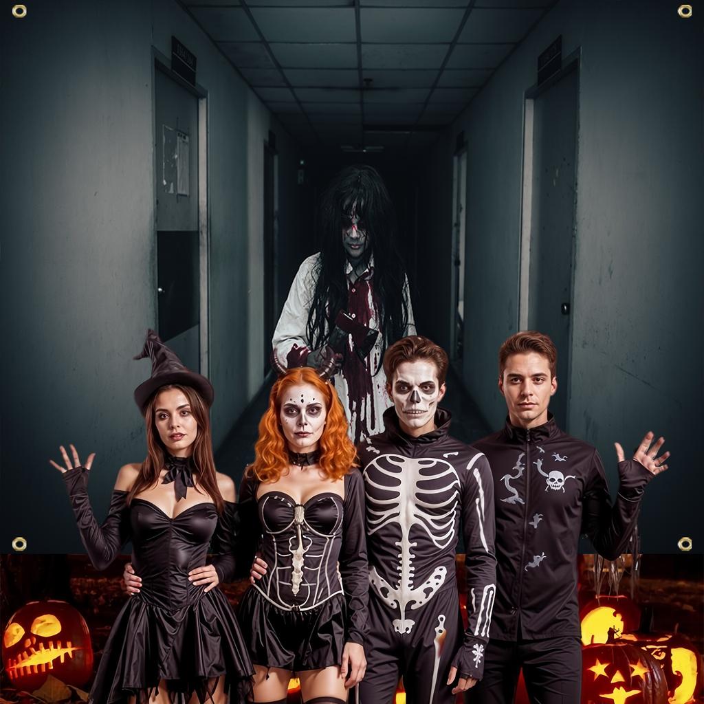 A Halloween garage bannerbloody students and an axe horror scene made from durable polyesterXY