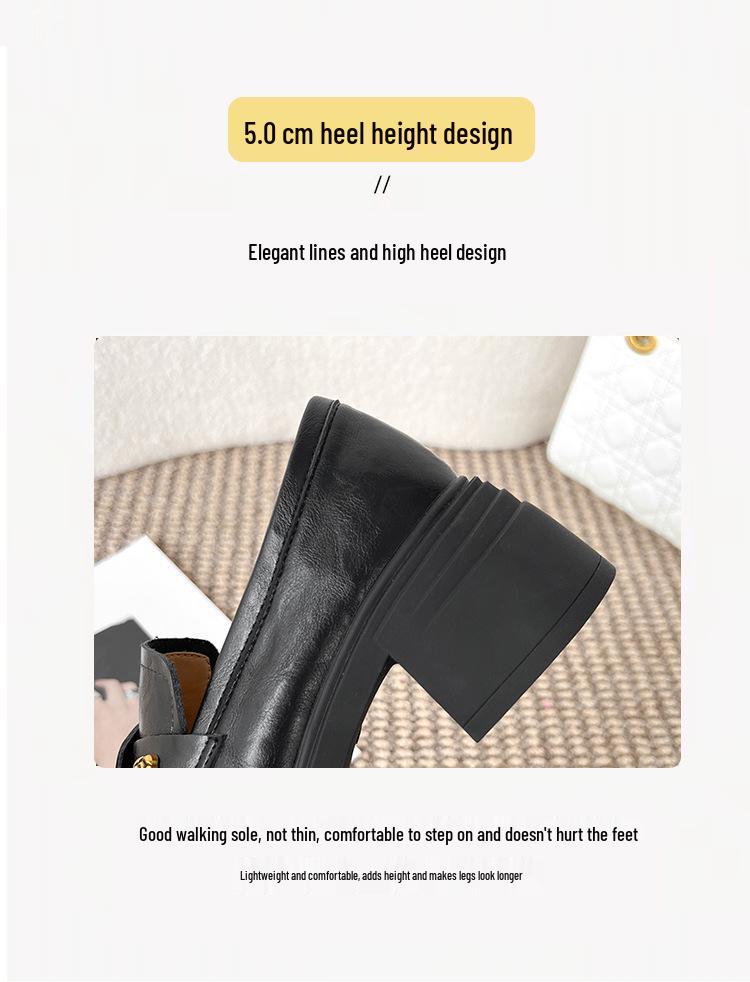 2025 British Style Camellia Loafers: Round Toe Chunky Heel Mary Jane Leather Shoes for Women