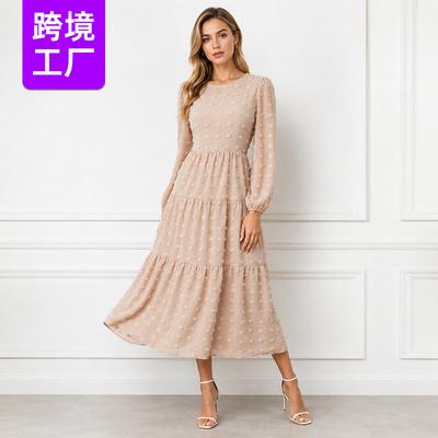 Spring and Summer Women's Three-dimensional Hairball Dress, Round Neck Waist Long Sleeve Cake Style Medium and Long Skirt